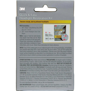 Back view of 3M Quick & Easy Headlight Restoration Kit showing instructions and contents
