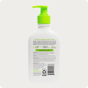 Back label of AmLactin Daily Nourish Therapeutic Body Lotion 7.9 oz showing ingredients and directions