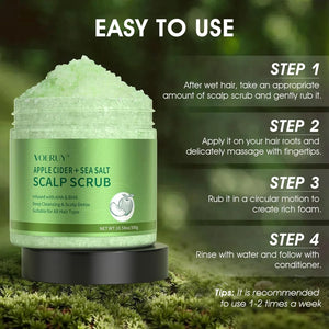 Apple Cider AHA BHA scalp scrub shampoo showing step by step instructions for use on wet hair for deep cleansing