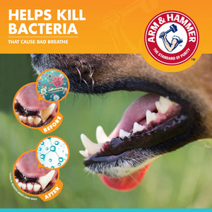 Dog dental care before and after results showing reduced bacteria and fresher breath with Arm & Hammer toothpaste