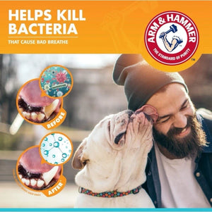 Arm & Hammer dog toothpaste helps kill bacteria that cause bad breath, showing before and after dental results.