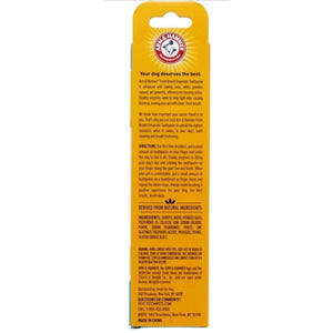 Back label of Arm & Hammer Fresh Breath enzymatic dog toothpaste showing ingredients, directions, and safety information.