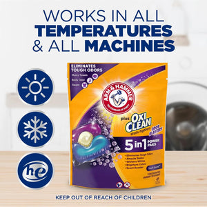 Arm & Hammer Plus OxiClean Power Paks showing usage for small and large laundry loads