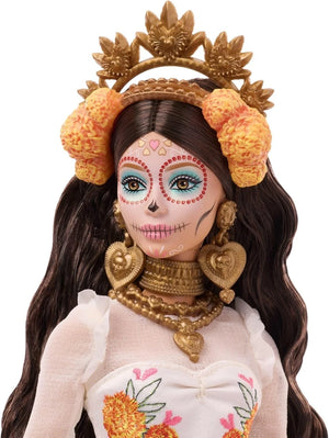 Close-up portrait of Barbie Día de Muertos 2025 collectible doll featuring calavera makeup and floral crown