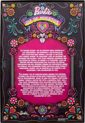 Back of Barbie Signature 2024 Día de Muertos collectible box featuring colorful folk art design and product description.