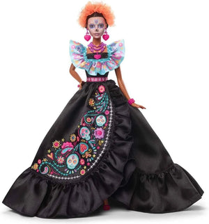 Full view of Barbie Signature Día de Muertos 2024 collectible doll wearing a black embroidered gown and blue ruffle top.