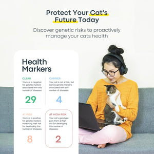 Cat owner reviewing Basepaws DNA health results on a laptop while holding her cat