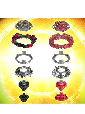 Exploded view of Beyblade Burst QuadDrive tops showing interchangeable parts and modes