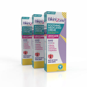 Bikini Zone soothing after shave crème with lidocaine shown in a pack of three boxes