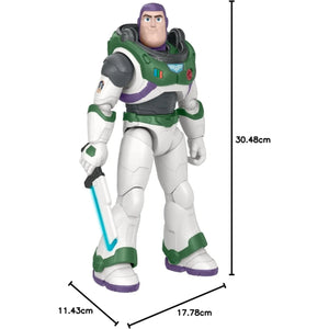 Toy figure of Buzz Lightyear with dimensions on a white background
