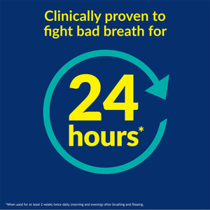 Promotional graphic with '24 hours' text on a blue background, indicating clinical proven effectiveness against bad breath.