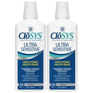 Two bottles of CloSYS Ultra Sensitive mouth rinse on a white background
