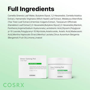 COSRX Green Calming Pad packaging showing full ingredient list