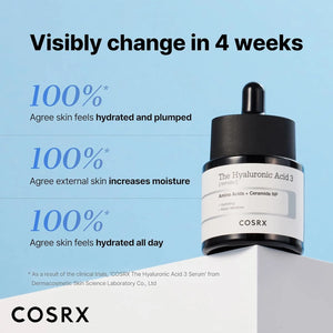 COSRX Hyaluronic Acid 3 Serum showing visible hydration and plumping results after 4 weeks
