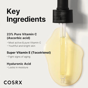 COSRX Vitamin C 23% serum texture with dropper showing vitamin C, vitamin E, and hyaluronic acid