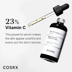 COSRX Vitamin C 23% serum bottle and dropper highlighting youthful skin and smoother texture benefits