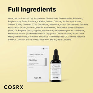 COSRX Vitamin C 23% serum bottle and box with full ingredient list displayed