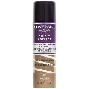 CoverGirl + Olay Simply Ageless foundation bottle on a white background