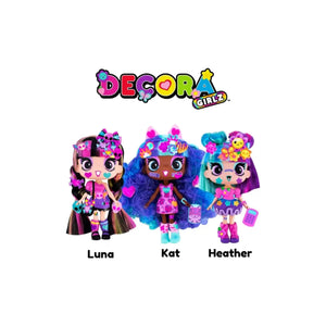 DECORA GIRLZ 3-Pack C fashion dolls Luna, Kat, and Heather styled with vibrant outfits, accessories, and decorative stickers.