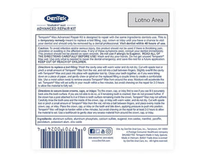 Back of a dental repair kit packaging with text and branding