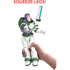 Toy figure with instructions to 'Squeeze Legs' on a white background
