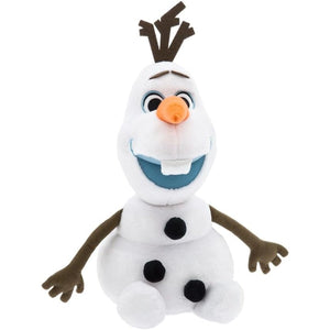 Disney Store Olaf medium soft toy front view with embroidered eyes, satin tooth, carrot nose and soft plush texture.