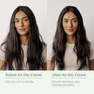Before and after comparison of Divi Air Dry Styling Cream showing reduced frizz, improved smoothness, shine, and defined natural texture.