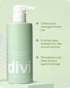 Divi Hydrating Conditioner bottle with text highlighting deep hydration, detangling, softness, and strengthening benefits for thick hair.
