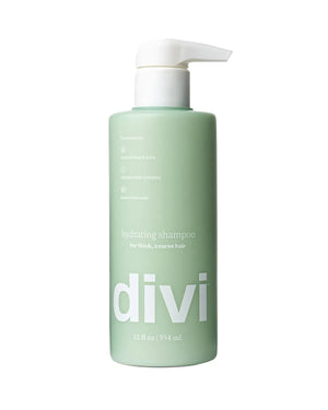 Green shampoo bottle with pump labeled 'divi' on a white background