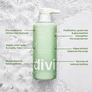 Divi Hydrating shampoo bottle surrounded by water highlighting vegan, color-safe formula with algae extract, tea tree oil, and postbiotics.