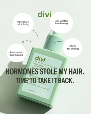 Divi scalp serum bottle with text about hair thinning causes on a light gray background