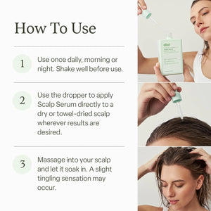 Step-by-step guide showing how to apply Divi Scalp Serum with dropper directly to dry or towel-dried scalp and massage in.