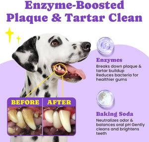Dog dental finger wipes showing plaque and tartar cleaning illustration.