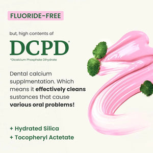 Close-up of Euthymol pink toothpaste texture with DCPD dental calcium formula, hydrated silica and tocopheryl acetate ingredient highlights.