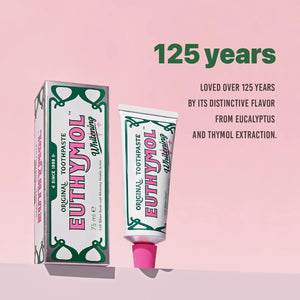 Euthymol Original Toothpaste 75ml with packaging highlighting 125 years of heritage and distinctive eucalyptus and thymol flavor.