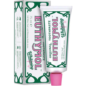 Close up of Euthymol Original Whitening Toothpaste 75ml tube and box packaging with pink cap and classic green design.