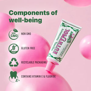 Euthymol Original Whitening Toothpaste showing components of well-being including non GMO, gluten free and recyclable packaging benefits.
