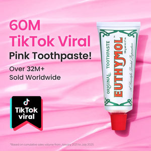 Euthymol original pink toothpaste viral on TikTok with over 60 million views and 32 million units sold worldwide social proof graphic.