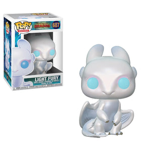 Funko Pop Movies Light Fury #687 vinyl figure displayed outside and inside box from How to Train Your Dragon The Hidden World