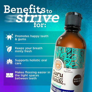 GuruNanda CocoMint oil pulling mouthwash benefits infographic highlighting happy teeth and gums, fresh breath, holistic oral care, and easier flossing.