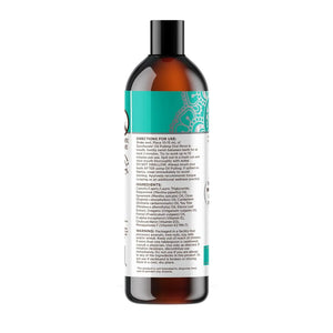 Back label of GuruNanda CocoMint oil pulling mouthwash bottle showing directions for use, ingredients list, and warning information on 8 oz bottle.
