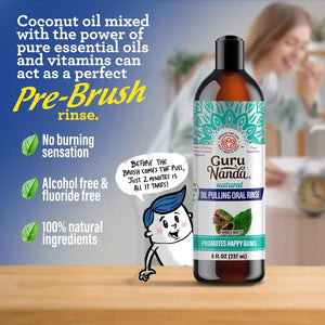 GuruNanda CocoMint oil pulling mouthwash bottle with text highlighting pre-brush rinse benefits, alcohol-free formula, and natural ingredients.