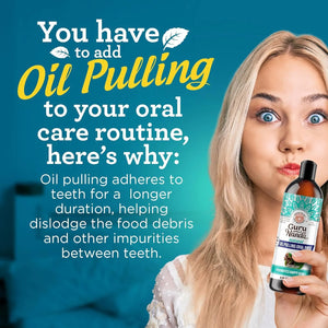 Woman holding GuruNanda oil pulling mouthwash bottle demonstrating pre-brush oral care routine for fresher breath and healthier gums.