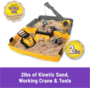 Kinetic Sand construction sandbox playset with 2lbs natural sand, working crane, tools and toy truck for kids age 3+.
