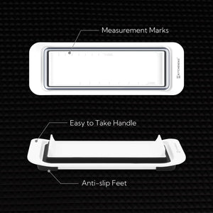 Bottom view of KITCHENDAO airtight butter dish with measurement marks, easy grip handles and anti-slip feet for secure countertop use.