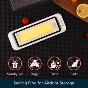 Butter dish with airtight sealing ring protecting butter from odors, dust, bugs and contaminants.