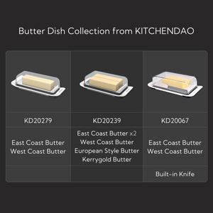 KITCHENDAO airtight butter dish collection comparison showing East Coast and West Coast butter holder sizes with built-in lid design.