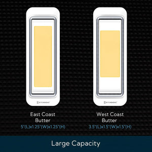 KITCHENDAO butter dish size comparison for East Coast and West Coast butter sticks showing large capacity storage.