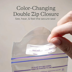 Close-up of Lansinoh breast milk storage bag double zip closure showing secure leak-proof seal for safe freezer storage