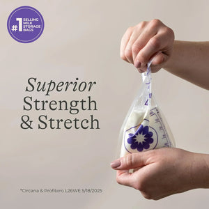Hands stretching Lansinoh breastmilk storage bag showing superior strength and durability for safe breast milk freezing and thawing